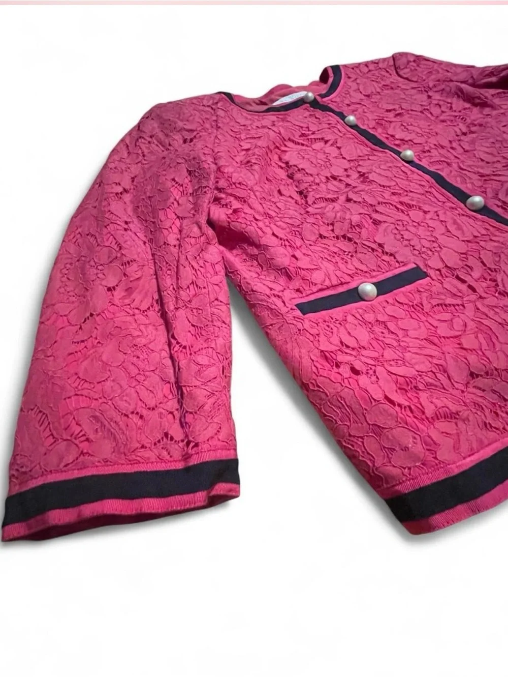 RSVP by Talbots Pink Floral Lace Blazer with Black Trim and Pearl Buttons